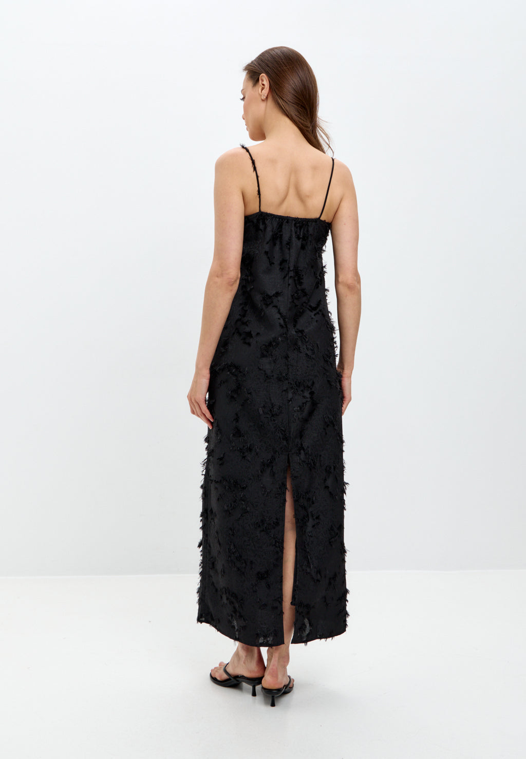 Black Textured Maxi Dress with Thin Straps