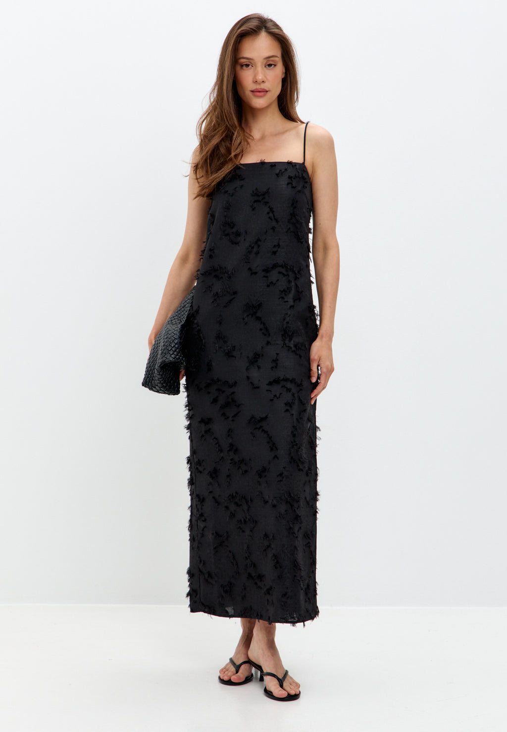 Black Textured Maxi Dress with Thin Straps