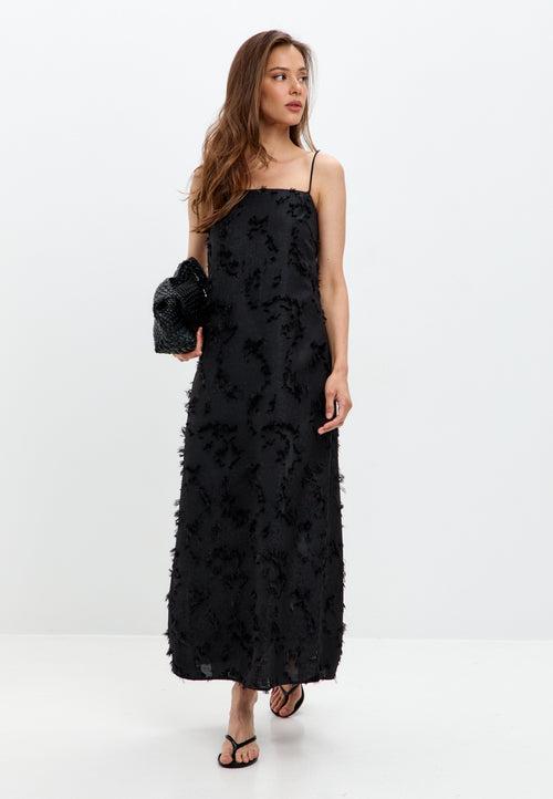 Black Textured Maxi Dress with Thin Straps
