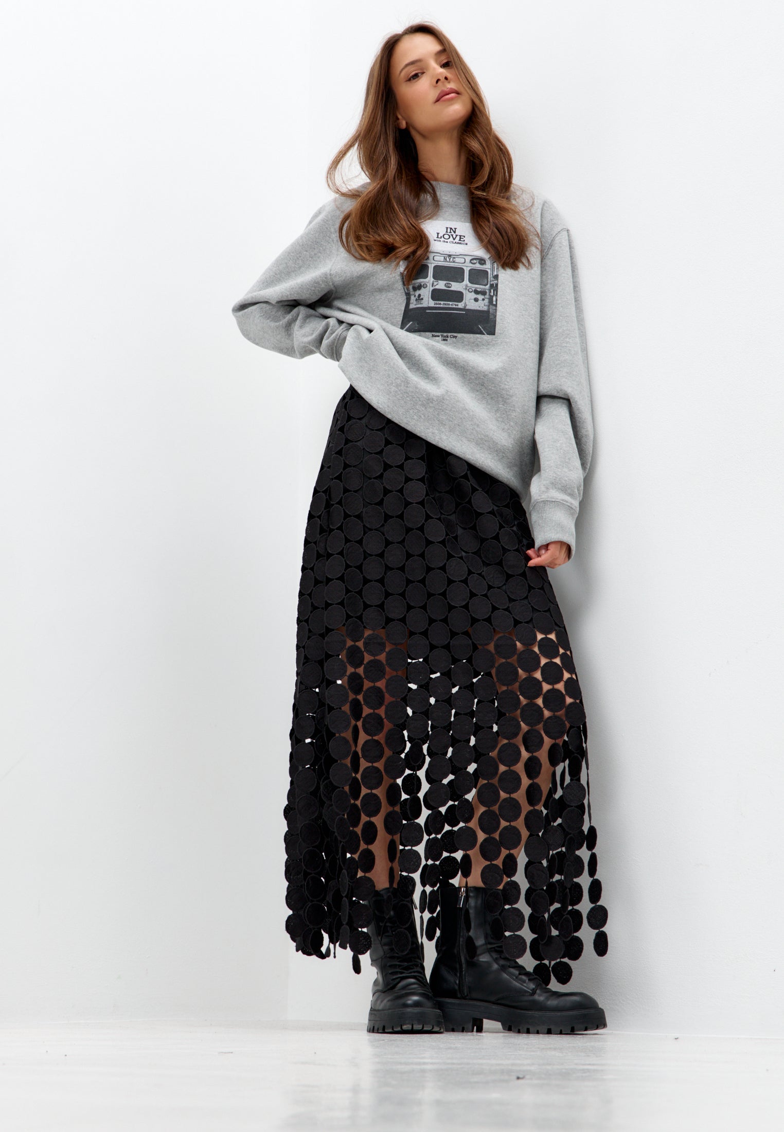 Black Maxi Skirt with Textured Openwork Detail